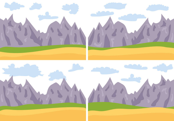山々、青い空、雲、丘をフラット スタイルで自然な漫画の風景の 4 つの画像のセットです。ベクトル illustratio - ベクター画像