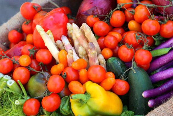 red tomatoes fennel and more fresh vegetables for sale at local market - Fotoğraf, Görsel