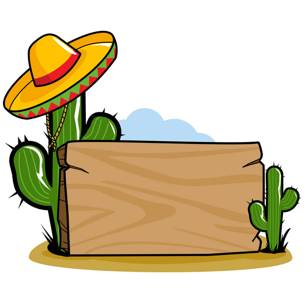 Mexican cactus with sombrero and signpost. - Vektör, Görsel
