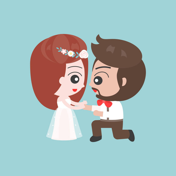Inginocchiarsi sposo chiedendo matrimonio su sfondo blu
 - Vettoriali, immagini