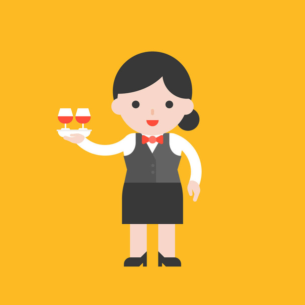 kelnerka w taca uniform gospodarstwa z dwie szklanki czerwonego wina na pomarańczowym tle - Wektor, obraz