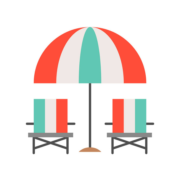 Paraguas a rayas multicolor y sillas verano playa icono plano
 - Vector, imagen