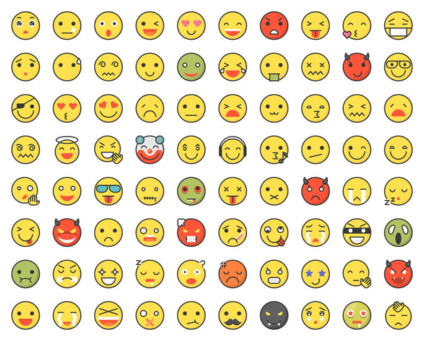 kolekce různých barevných emodži s emocemi izolované na bílém - Vektor, obrázek