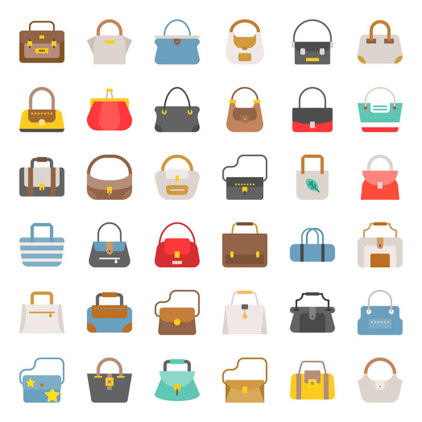 Mode-Tasche verschiedenen Typs wie Rahmentasche, Tasche, Öko-Tasche, Lauf, Jeans, Aktentasche, Brieftasche für Frauen, Umriss-Symbol-Set  - Vektor, Bild