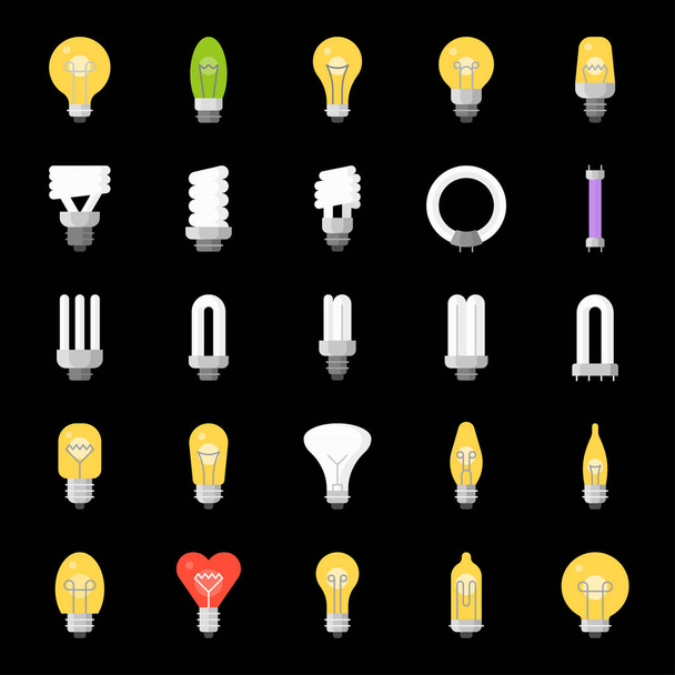 conjunto de diferentes bombillas sobre fondo negro
 - Vector, Imagen