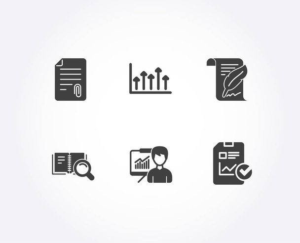 Set of Search book, Attachment and Growth chart icons. Presentation, Feather and Report checklist signs. Online education, Attach file, Upper arrows. Education board, Copyright page, Sales growth file - Vector, Image