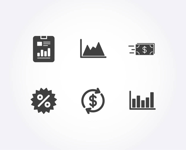 Set of Diagram, Money transfer and Discount icons. Report document, Usd exchange and Column chart signs. Growth graph, Cash delivery, Special offer. Page with charts, Currency rate, Financial graph - ベクター画像