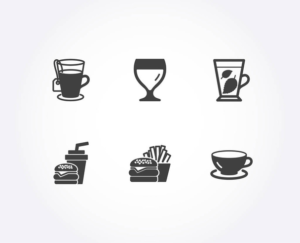 Set of Mint leaves, Burger and Tea icons. Hamburger, Wine glass and Espresso signs. Mentha leaf, Cheeseburger, Glass mug. Burger with drink, Cabernet wineglass, Coffee cup. Burger vector - Vektör, Görsel
