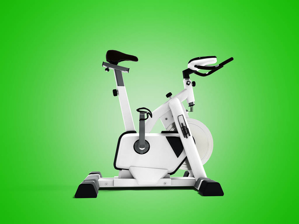 weißer Sport-Fahrrad-Simulator für sportlichen Lifestyle Seitenansicht 3D-Rendering auf grünem Hintergrund mit Schatten - Foto, Bild