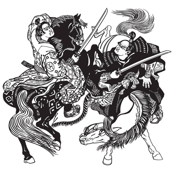 Gevechten tussen twee Japanse samurai krijgers. De soldaten van de ruiters zittend op een pony paarden en vechten met zwaarden. Zwart-wit vectorillustratie - Vector, afbeelding