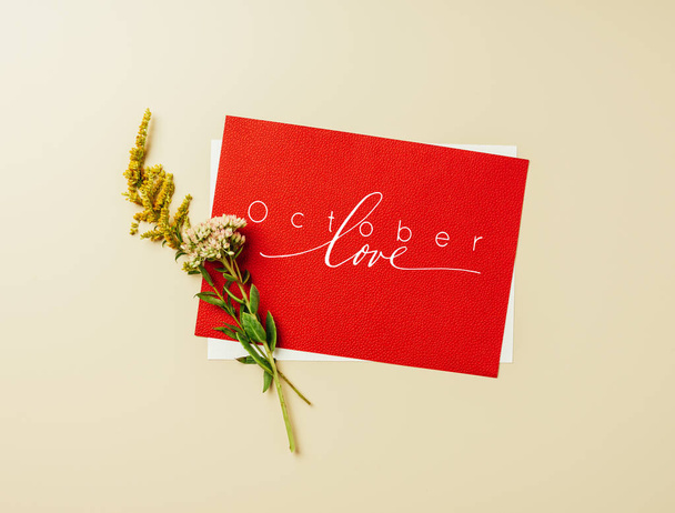 flat lay with of wildflowers and red card with "october love" inspiration on beige backdrop - Photo, Image
