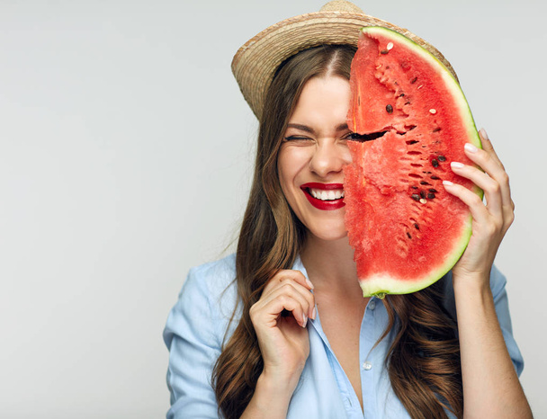 Beautiful smiling woman portrait with watermelon. Summer vitamin food concept. - Photo, Image