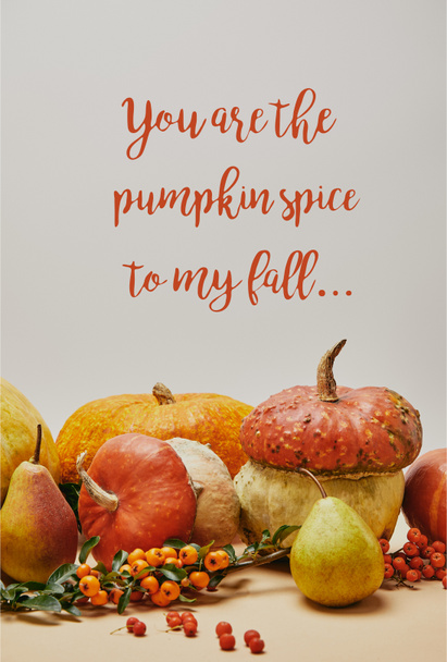 Herbstliche Dekoration mit Kürbissen, Feuerdornbeeren und reifen leckeren Birnen auf der Tischplatte sind Kürbiswürze zu meinem Herbstschriftzug - Foto, Bild
