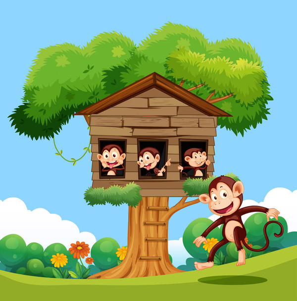 Monkey játszani a treehouse illusztráció - Vektor, kép