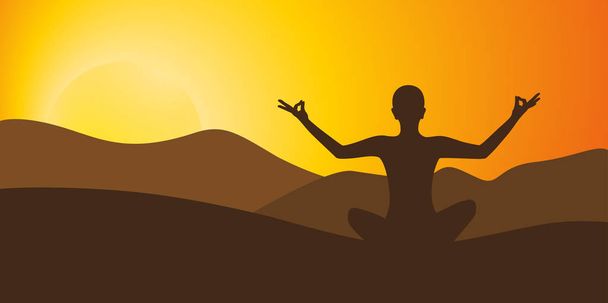 Meditatie yoga op hoge berg op zonsondergang achtergrond - Vector, afbeelding