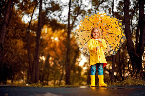 happy child girl with an umbrella and rubber boots an autumn walk - Фото, зображення