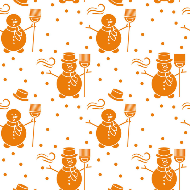 Seamless pattern with snowman, broom, hat, wind, snow. Funny pattern on a winter theme. - Vecteur, image