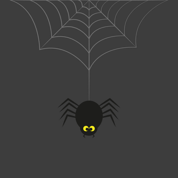 schwarze Spinne mit gelben Augen hängt an Spinnweben auf grauem Hintergrund - Vektor, Bild