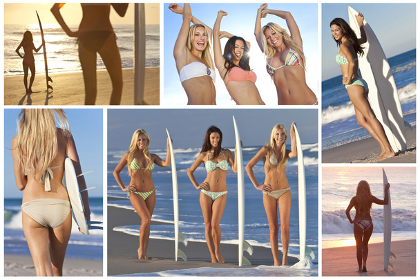 Montaje de hermosas chicas con tablas de surf en Sunset Beach
 - Foto, imagen