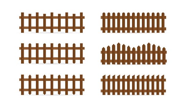 Vector set of different shapes rural wooden fences. Isolated detailed elements for garden illustration design - Vector, Image