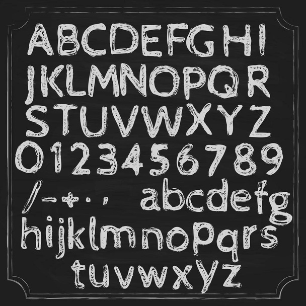 Alphabet written chalk on a blackboard. Letters in two registers and numbers. Punctuation marks. White on  black - Vetor, Imagem