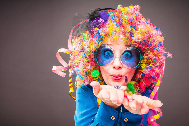 Portrait of beautiful party woman in wig and  glasses (Carneval) - Foto, imagen