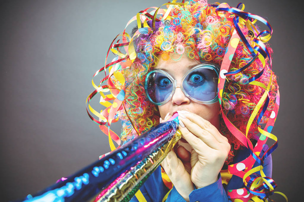 Portrait of beautiful party woman in wig and  glasses (Carneval) - Foto, Imagen