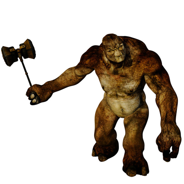 ein riesiger und muskulöser böser brauner Troll. Er geht mit einem großen Kriegshammer vor die Kamera, um zuzuschlagen - Foto, Bild