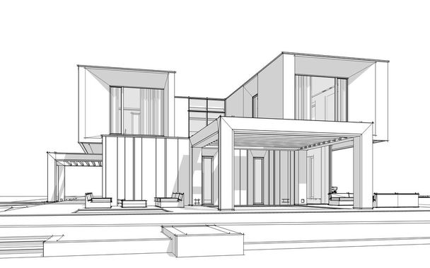 Satılık ve kiralık garaj ile nehrin yanında modern rahat ev 3D işleme sketch. Beyaz arka plan üzerinde yumuşak hafif gölgeler ile siyah çizgi kroki. - Fotoğraf, Görsel