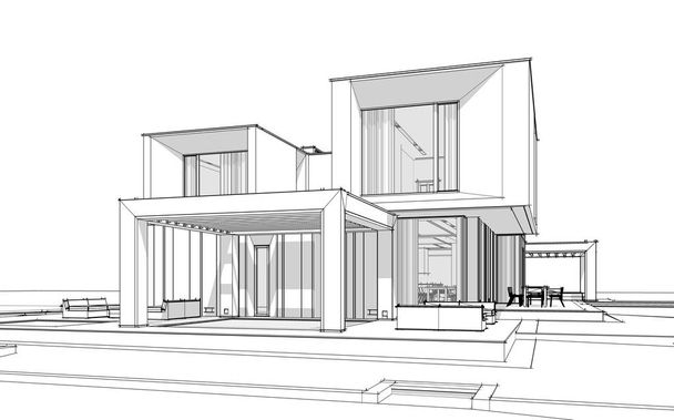 3D rendering σκίτσο του μοντέρνο άνετο σπίτι δίπλα στο ποτάμι με γκαράζ προς πώληση ή ενοικίαση. Μαύρη γραμμή σκίτσο με το μαλακό φως σκιές πάνω σε λευκό φόντο. - Φωτογραφία, εικόνα