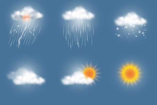 Weerpictogrammen ingesteld, storm, regen, sneeuw, bewolkt, bewolkt, zonnige. Vectorillustratie. - Vector, afbeelding
