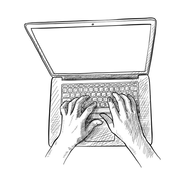 Dibujo ilustración de un hombre manos están trabajando en un ordenador portátil. Vista superior. Ilustración vectorial
 - Vector, imagen
