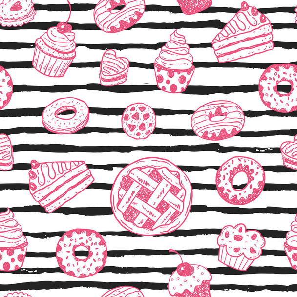 Seamless pattern with hand drawn doodle desserts: donuts, cupcakes, cake, pie, muffin. Vector illustration - Vector, Image