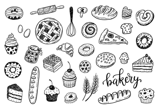 Set de panadería dibujada a mano. Alimentos, cocina, dulces, diseño de pasteles. Ilustración vectorial
 - Vector, imagen