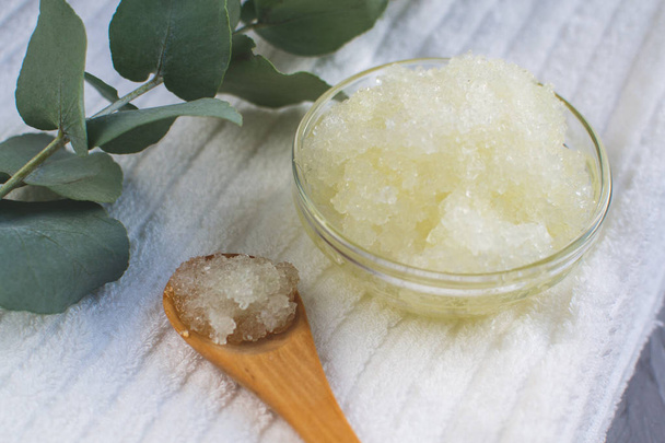Natural Ingredients Homemade Body Sea Salt Scrub with Olive Oil White Towel Beauty Concept Skincare Organic Aroma Spa Therapy - Photo, Image
