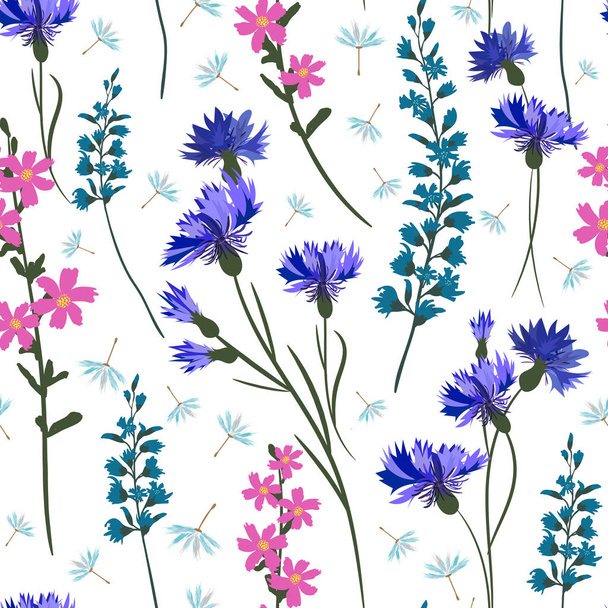 Field-flowers, leaves and herbals vector seamless pattern. - Vektor, Bild