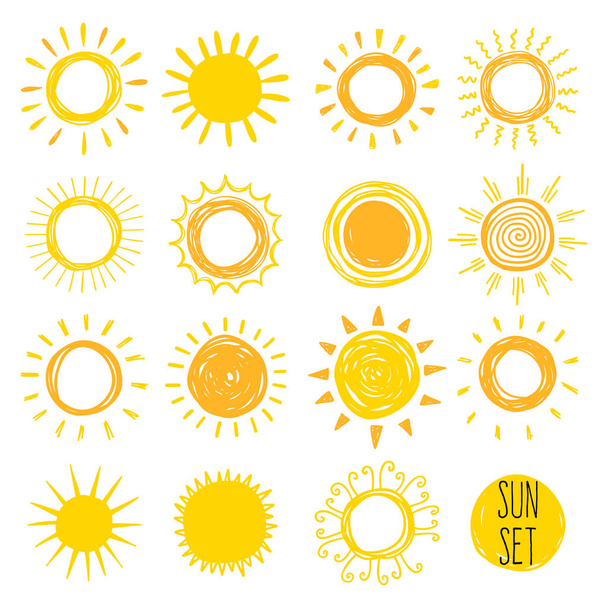 Funny doodle suns. Hand drawn vector set. - Vector, Image