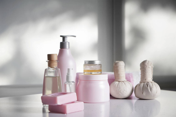 Set with bath products on light table - Photo, Image