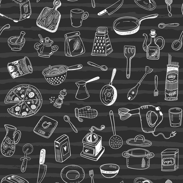 Бесшовный векторный рисунок с наброском кухонных инструментов на фоне доски
 - Вектор,изображение