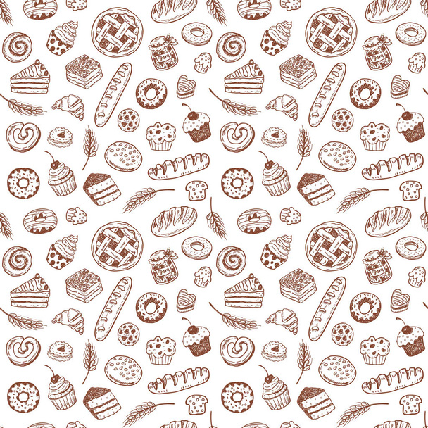 Naadloze vector patroon met hand getrokken doodle bakkerijproducten en gebak - Vector, afbeelding