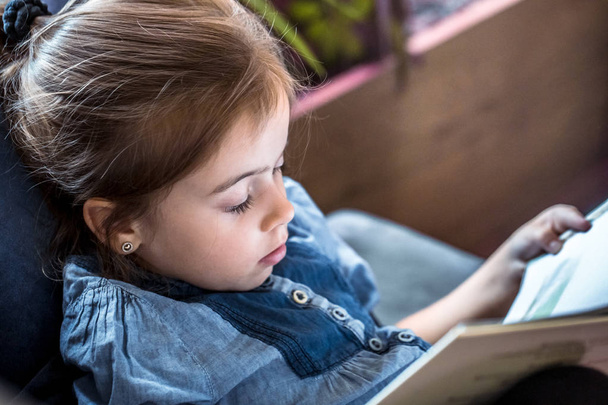Küçük güzel kız oturma odasında kanepede, okuma ve çocuk eğitimi kavramı üzerine bir kitap okuyor - Fotoğraf, Görsel