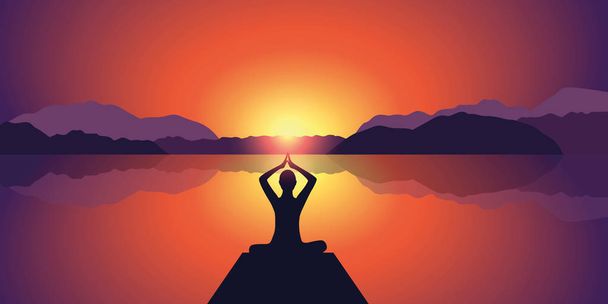 yoga silhouette peaceful sunset at lake and mountains background - Vector, Image