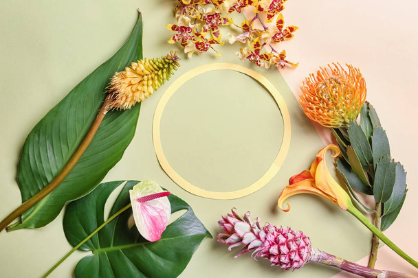 Composition with green tropical leaves, flowers and frame on color background - Foto, Imagem