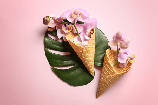 Wafer cones with beautiful orchid flowers and tropical leaf on color background - Photo, Image