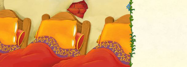 cartoon scene with room full of beds - sleeping room image with space for text - illistration for children - Zdjęcie, obraz