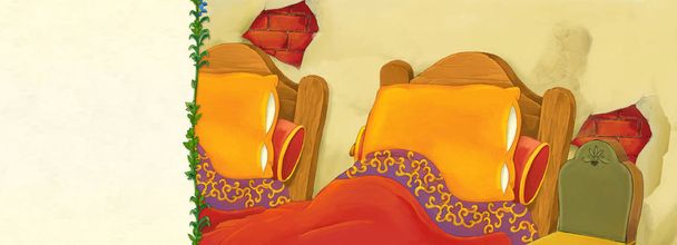 cartoon scene with room full of beds - sleeping room image with space for text - illistration for children - Foto, Bild