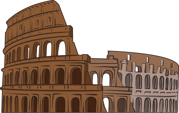 Colosseum, handdrawn vektor fehér alapon fekete körvonalú színes festék - Vektor, kép