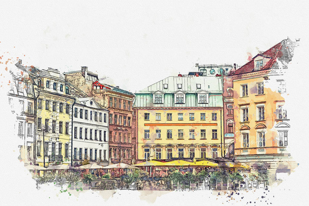 Μια ακουαρέλα σκίτσο ή μια εικόνα του μια όμορφη θέα της αρχιτεκτονικής της Ρίγα. - Φωτογραφία, εικόνα