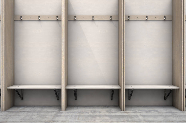 Empty wooden cubicles with a bench and hangers in a rundown sports locker change room - 3D render - Φωτογραφία, εικόνα