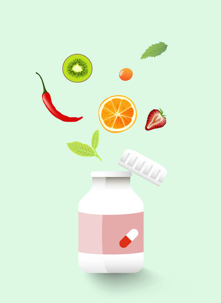 Přípravek vitamin láhev maketa s létáním ovoce, listy a zelenina, kreslené vektorové ilustrace - Vektor, obrázek